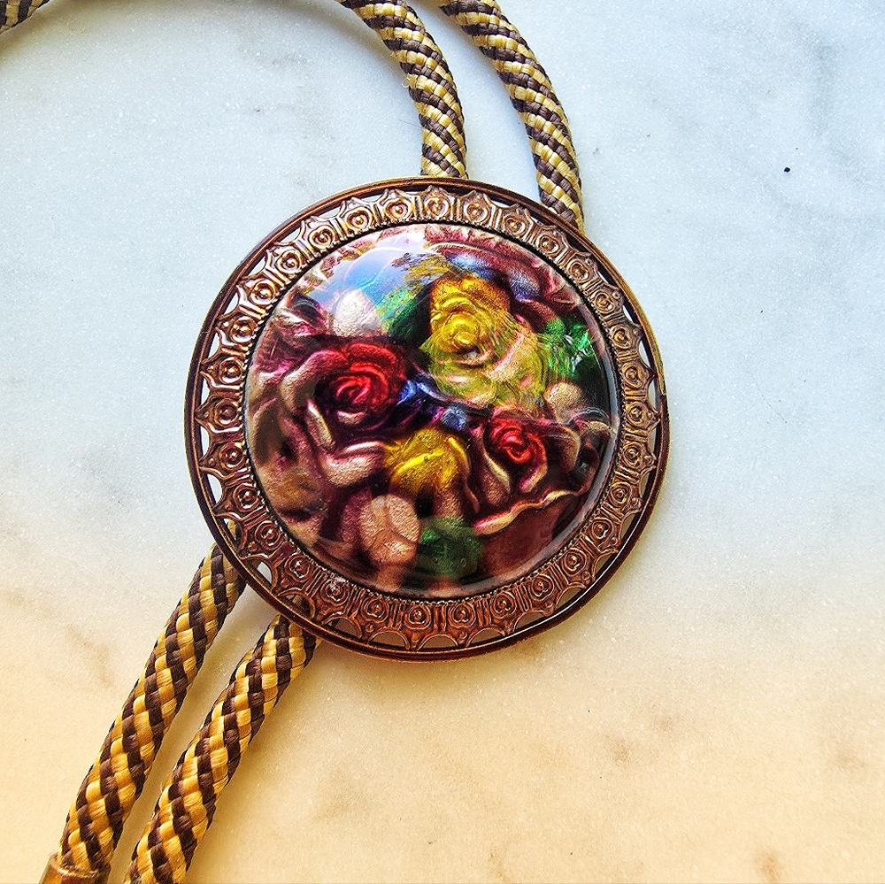 Vintage Solid Copper Tone Enamel Oval Western Bolo